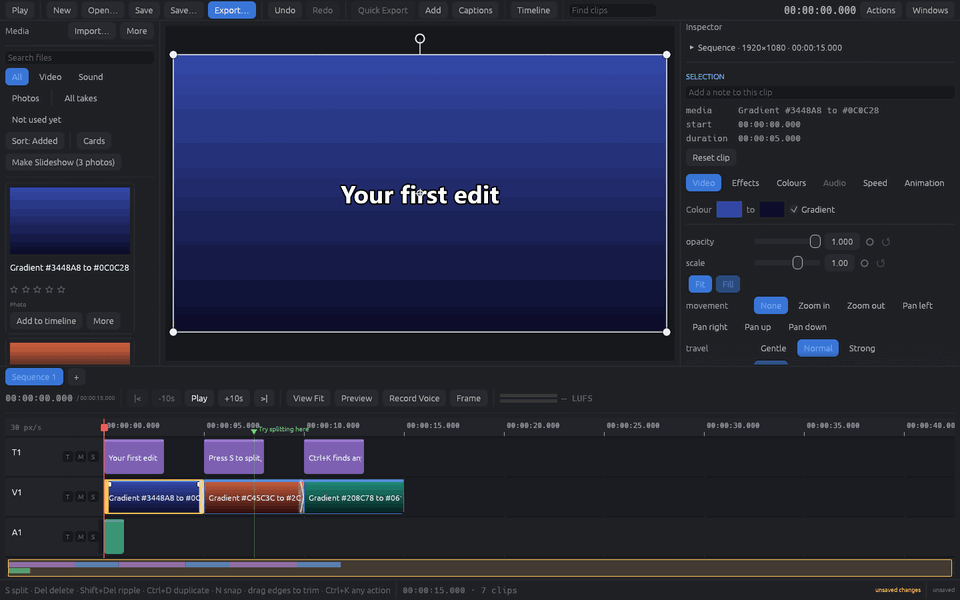 An assistant restyling a title, adding a lower third and making a vertical copy, live in the bettercut window